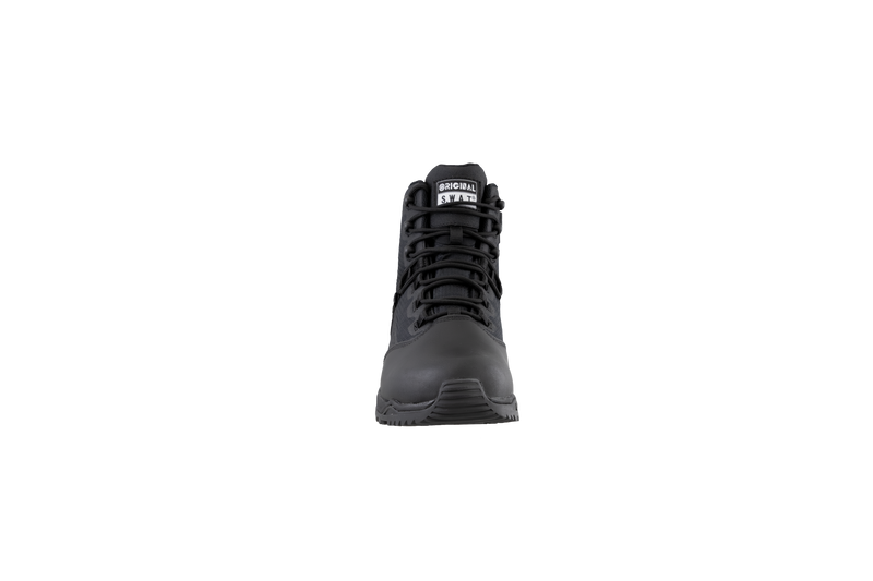 Original SWAT black tactical boots with a polishable toe and side zipper, featuring a non-marking rubber outsole.