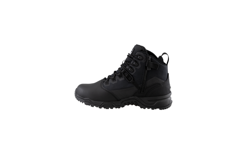 Original SWAT black tactical boots with a polishable toe and side zipper, featuring a non-marking rubber outsole.