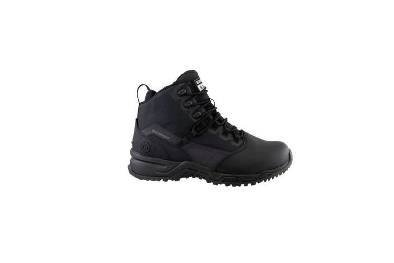 Original SWAT black tactical boots with a polishable toe and side zipper, featuring a non-marking rubber outsole.
