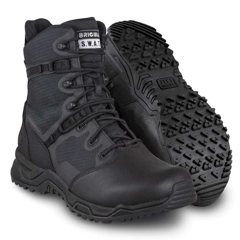 A pair of black, polishable toe tactical boots with a side zipper, suitable for waterproof and slip-resistant use.