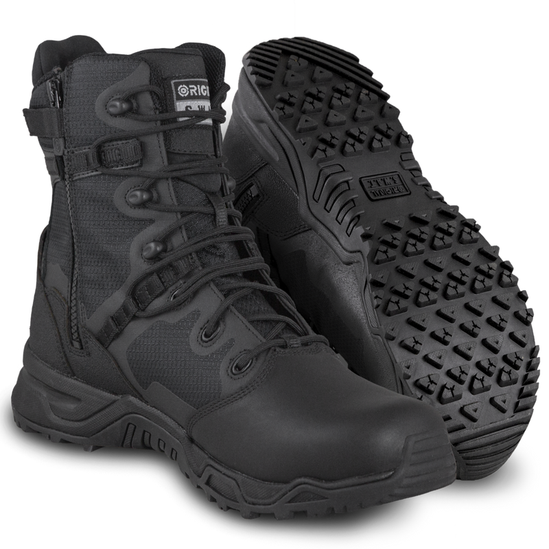 A pair of Original SWAT black Alpha Fury 8 work boots with polishable toe and side zip feature.