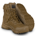 A pair of coyote Alpha Fury 8 side zip tactical boots with a rubber outsole and quick-drying mesh upper.