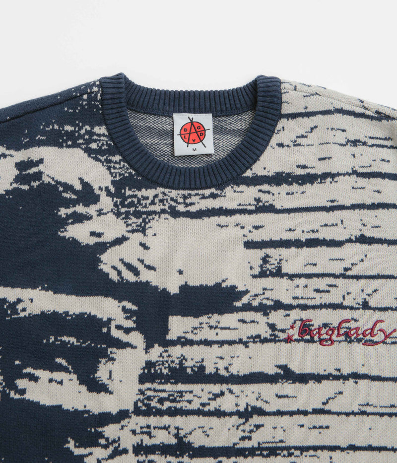 Baglady Cherub Knit Crewneck Sweatshirt in White and Blue