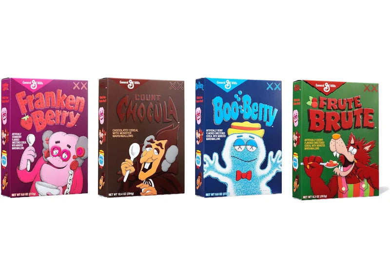 KAWS Monsters Franken Berry Count Chocula Boo Berry Frute Brute Cereal Limited Edition in Acrylic Case 4x Lot (Not Fit For Human Consumption)