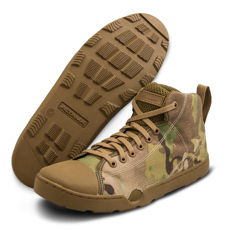 Photo of a pair of Altama® Maritime Mid multi camouflage zero drop boots