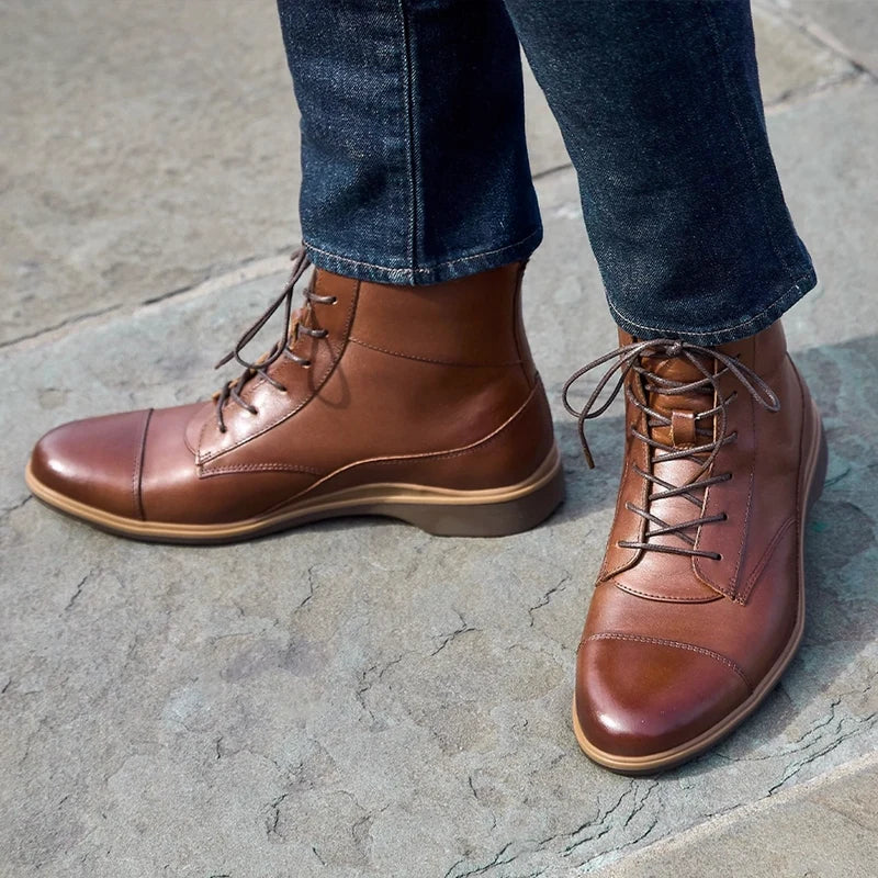 The Boot by Amberjack in Chestnut Brown Leather - worn with jeans