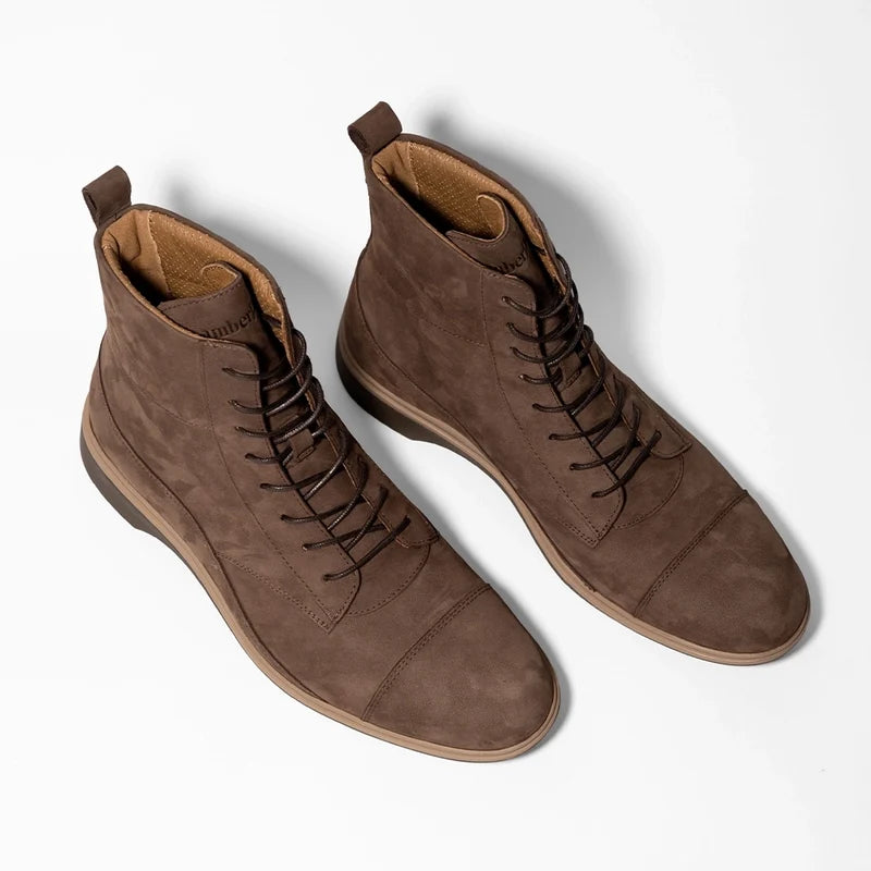 The Boot by Amberjack in Copper Brown Nubuck - Three Quarter Angle