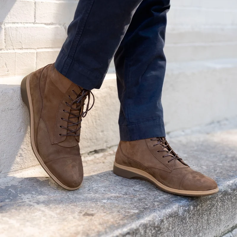 The Boot in Copper by Amberjack - on model worn with navy pants