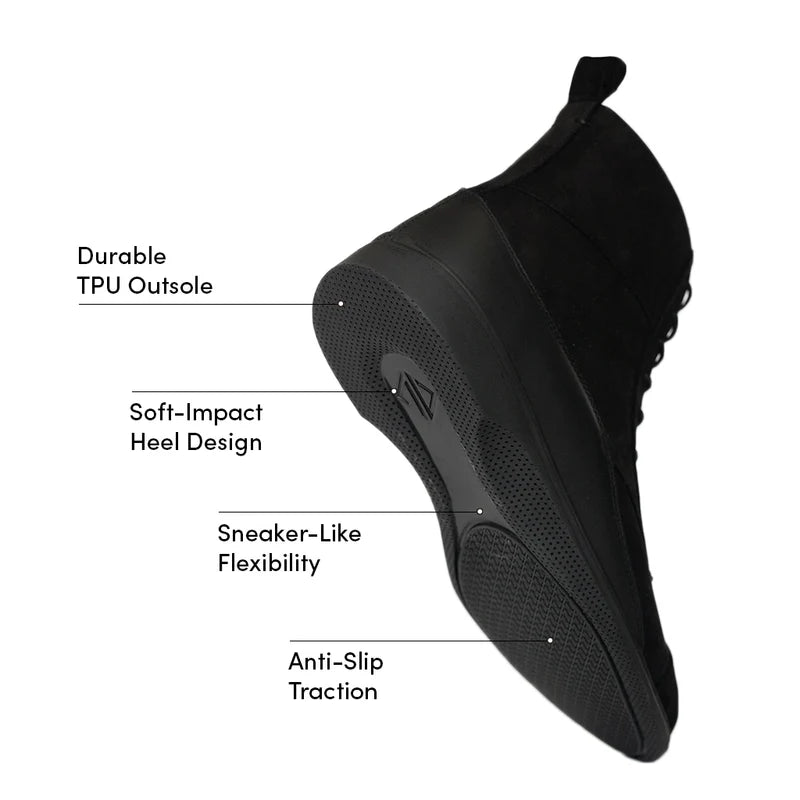 The Boot by Amberjack in Midnight Black Nubuck - Labeled Outsole