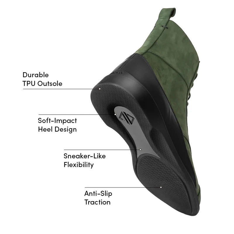 The Boot by Amberjack in Olive Green Nubuck - Labeled Outsole