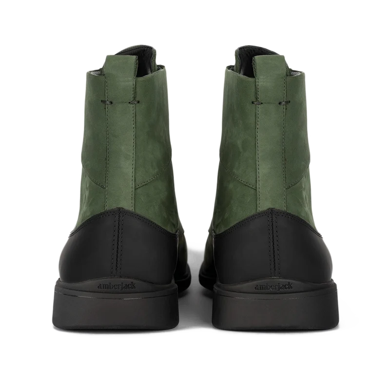 The Boot by Amberjack in Olive Green Nubuck Leather - Back Heel View