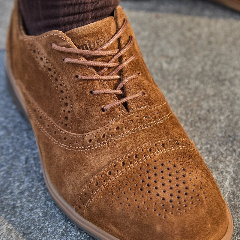 Detail close up photo of The Cap-Toe Grizzly brown Italian suede
