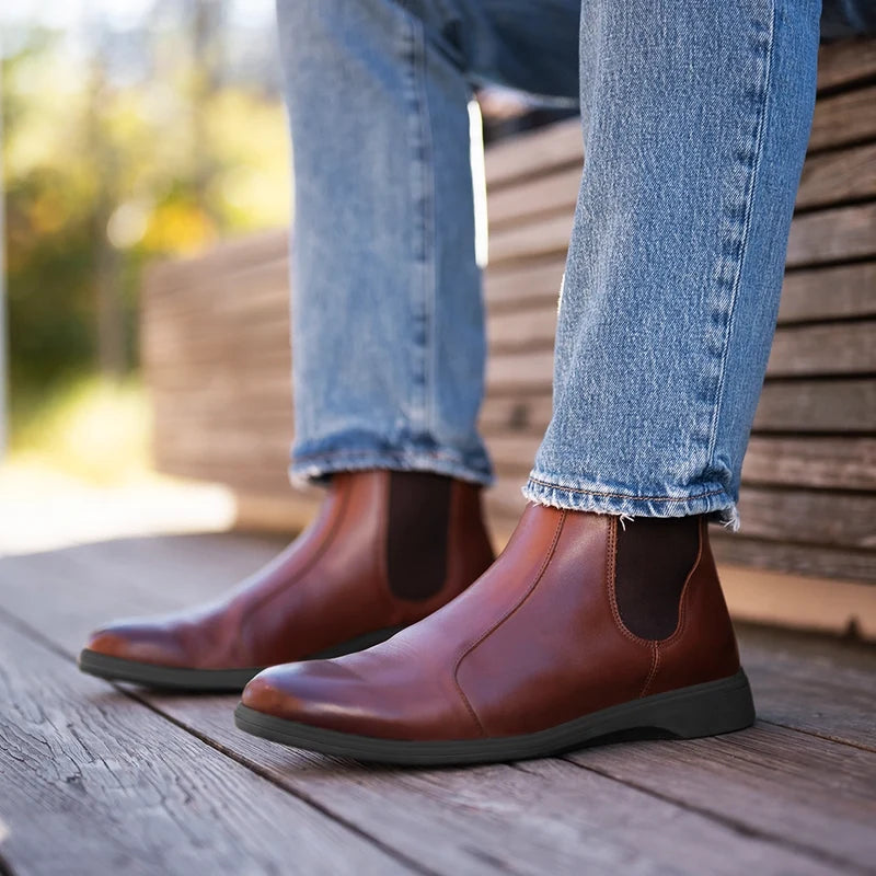 the chelsea chestnut & mocha on model with jeans