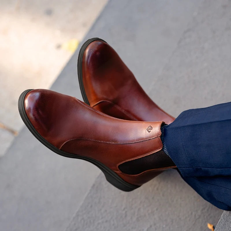the chelsea chestnut & mocha on model with navy dress pants