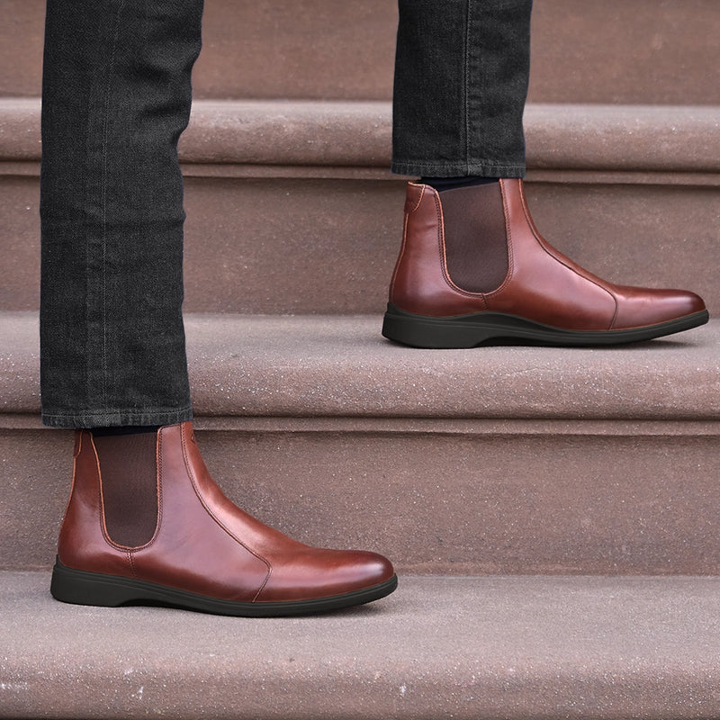 the chelsea chestnut & mocha on model with black jeans