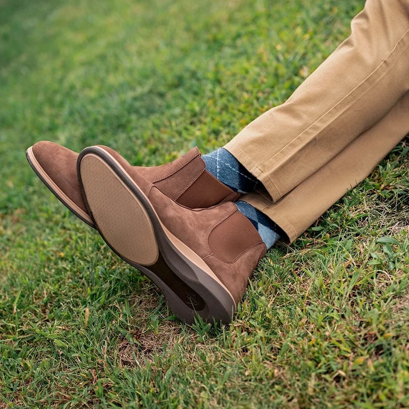 the chelsea copper paired with blue patterned socks and khakis