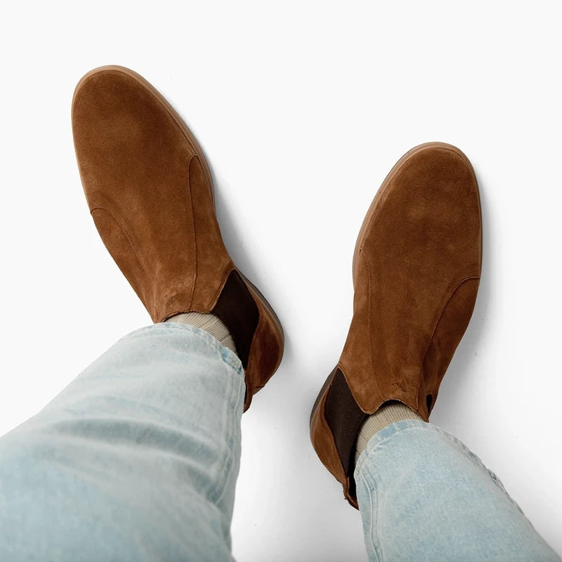 The Chelsea Boot by Amberjack in Grizzly Brown Suede - Worn with Light Blue Jeans Top Down View