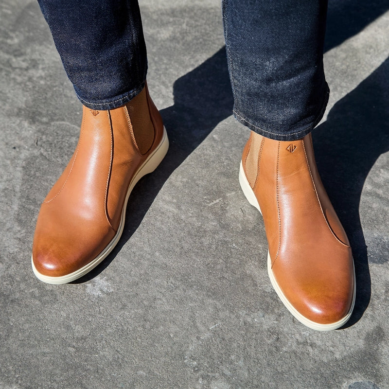 model wearing the chelsea honey and cream with dark jeans - top down view