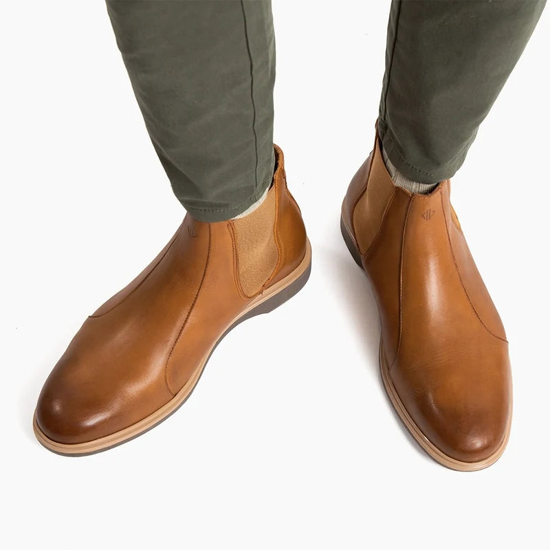 The Chelsea Boot by Amberjack in Honey Tan Leather - Worn with Green Pants Top Down View