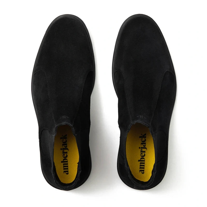 The Chelsea Boot by Amberjack in Midnight Black Suede - Top Down View