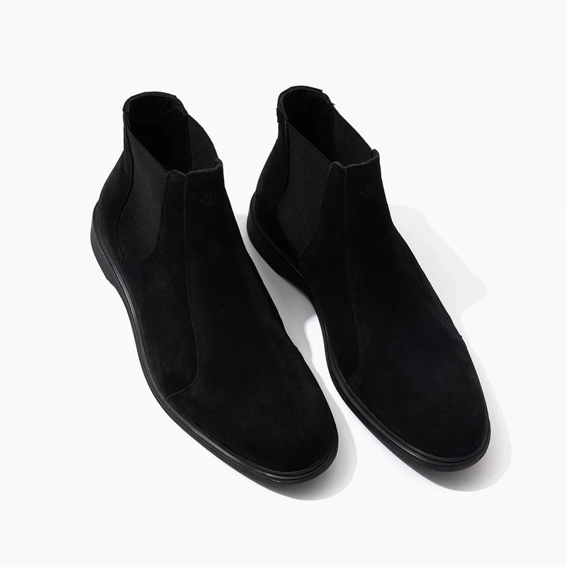 The Chelsea Boot by Amberjack in Midnight Black Suede - Three Quarter Angle View