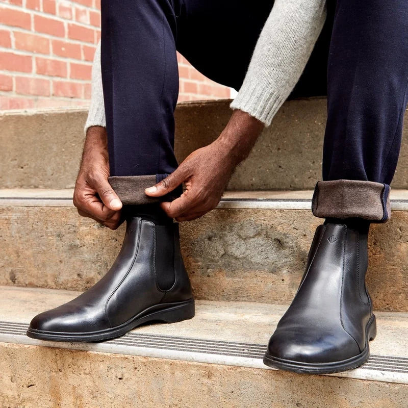 The Chelsea Boot by Amberjack in Obsidian Black Leather - Worn with Blue Dress Pants