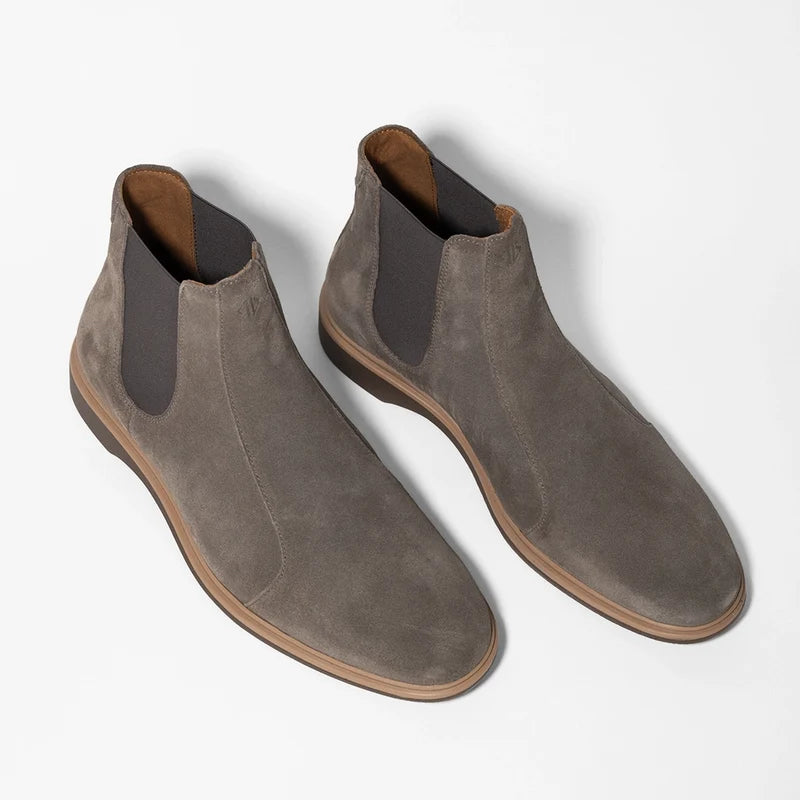 The Chelsea Boot by Amberjack in Slate Grey Suede - Three Quarter Angle View