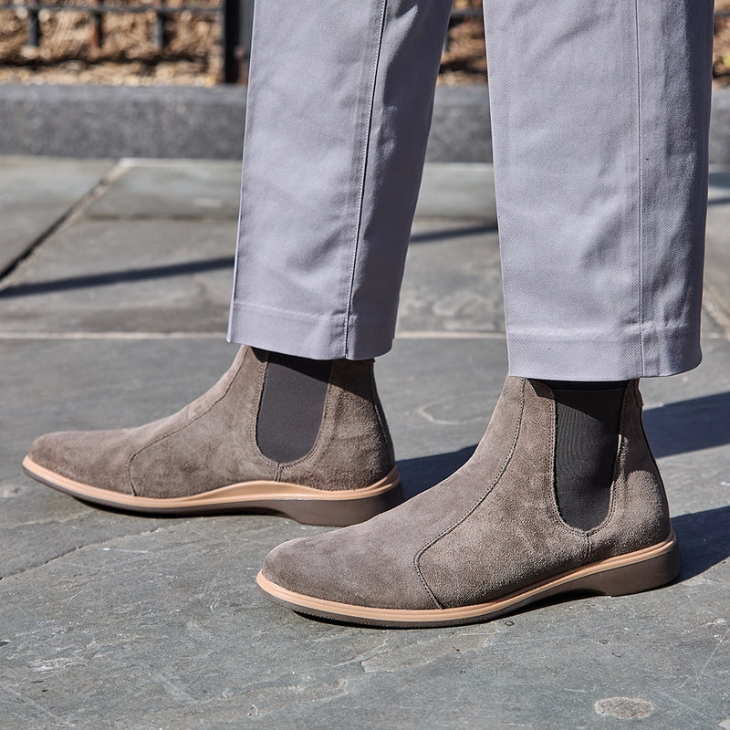 The Chelsea Boot by Amberjack in Slate Grey Suede - on model wearing gray pants