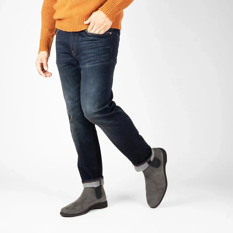 Model wearing The Chelsea Steel paired with dark blue jeans
