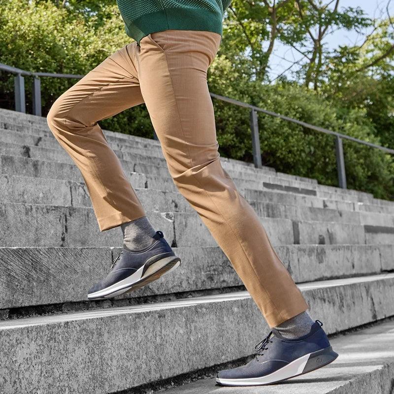 The Hybrid in Cobalt Blue Nubuck by Amberjack - on model running in khakis pants
