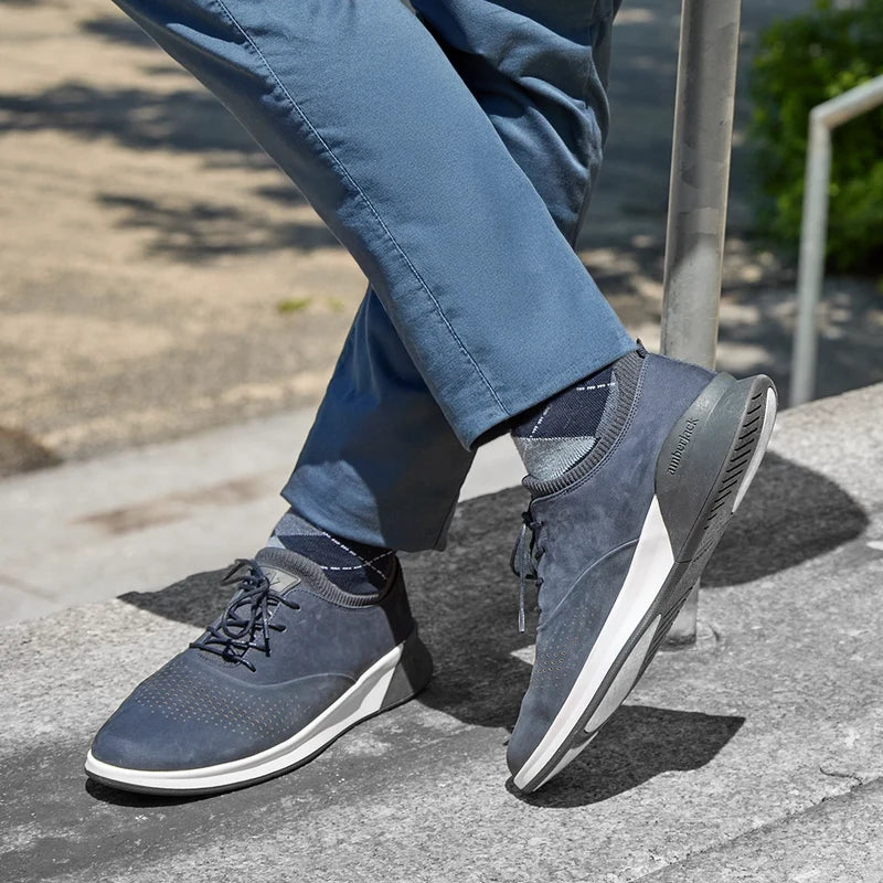 The Hybrid in Cobalt Blue Nubuck by Amberjack - on model wearing navy pants