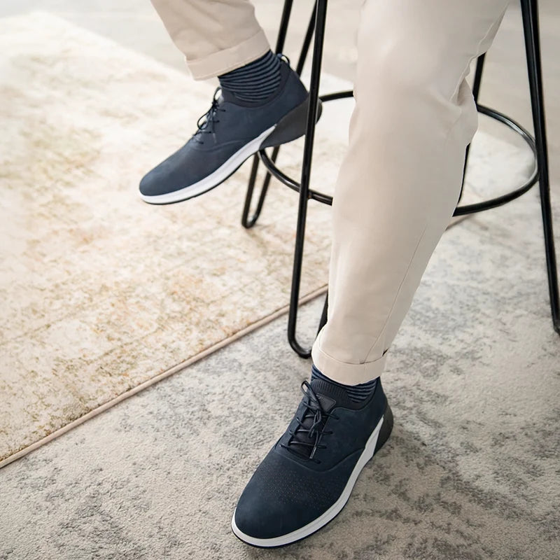 The Hybrid in Cobalt Blue Nubuck by Amberjack - on model wearing khakis pants
