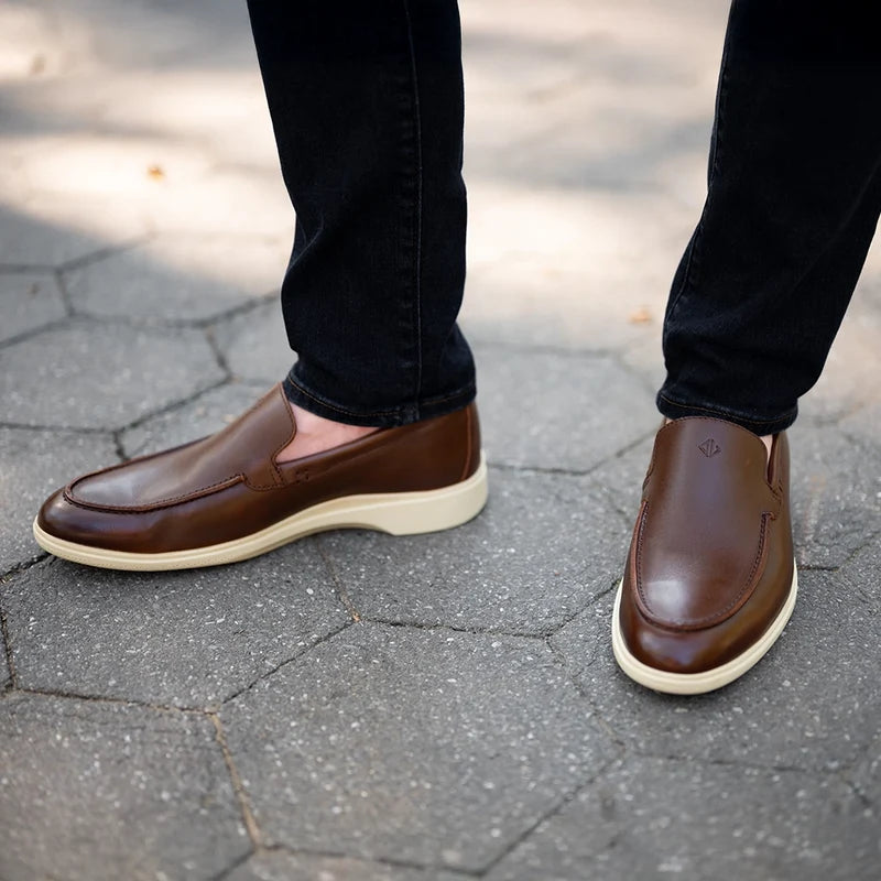 The Loafer in Chestnut & Cream Brown by Amberjack - On model wearing blue jeans
