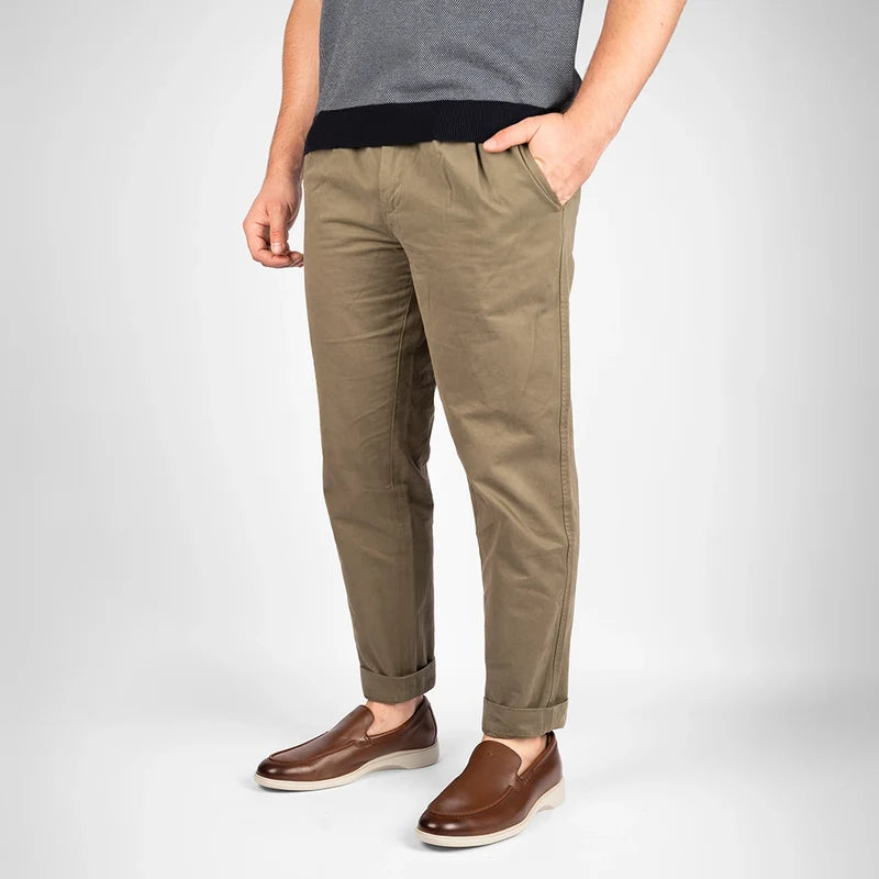 The Loafer in Chestnut & Cream Brown by Amberjack - On model wearing brown pants