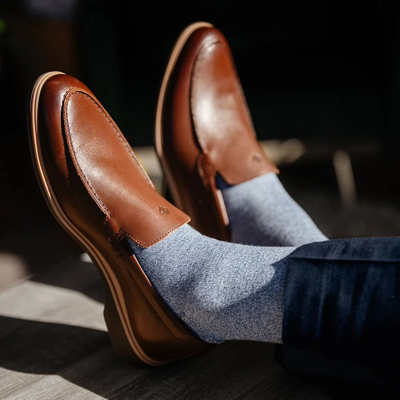 The Loafer in Chestnut Brown by Amberjack - On model with ocean amberjack dress socks