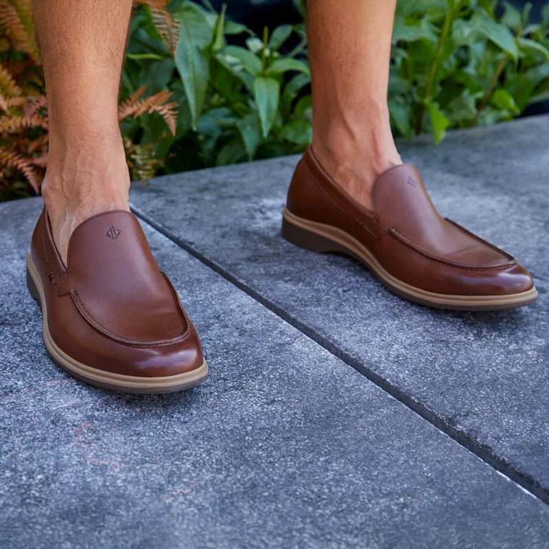 The Loafer in Chestnut Brown by Amberjack - On model outside wearing shorts