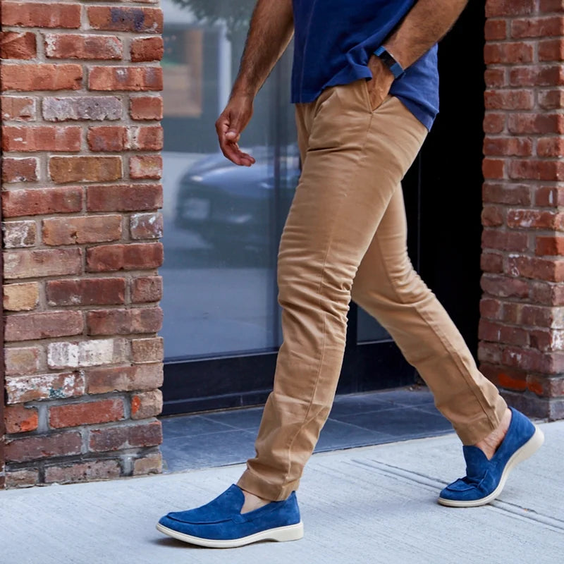 The Loafer in Cobalt Blue by Amberjack - On model walking wearing tan pants