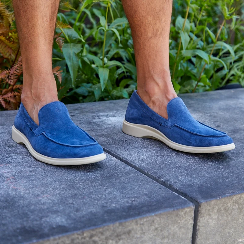 The Loafer in Cobalt Blue by Amberjack - On Model outside wearing shorts