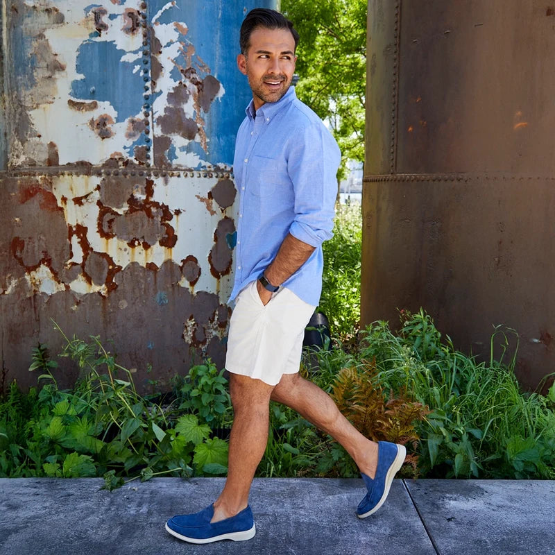 The Loafer in Cobalt Blue by Amberjack - On model walking wearing shorts
