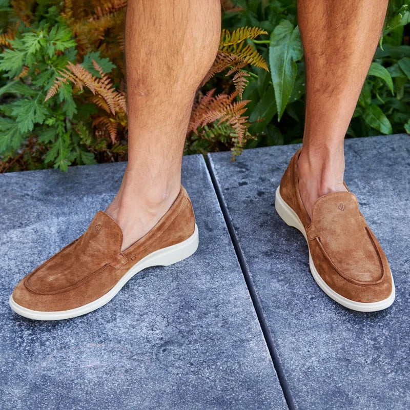 The Loafer by Amberjack in Grizzly Brown Suede - Worn on model with shorts top down view