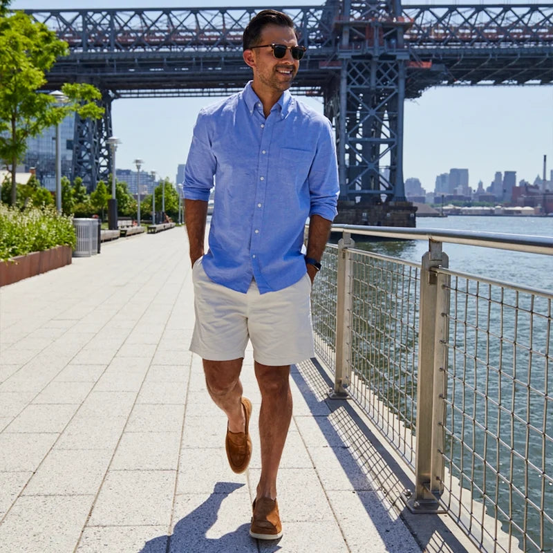 The Loafer by Amberjack in Grizzly Brown Suede - Worn on model with shorts