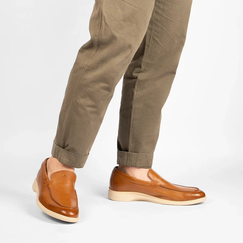 The Loafer by Amberjack in Honey & Cream Tan Leather - On model wearing green pants