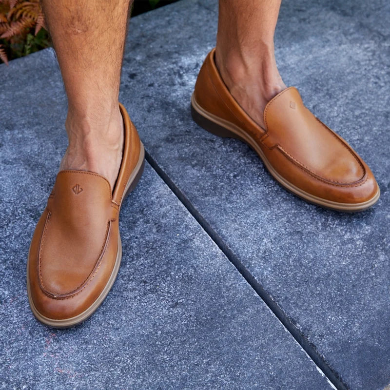The Loafer by Amberjack in Honey Tan Leather - Worn with shorts top down vie