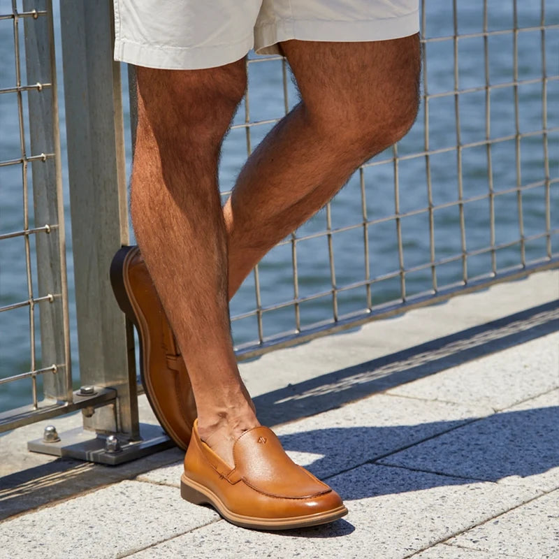 The Loafer by Amberjack in Honey Tan Leather - Worn with shorts top down view