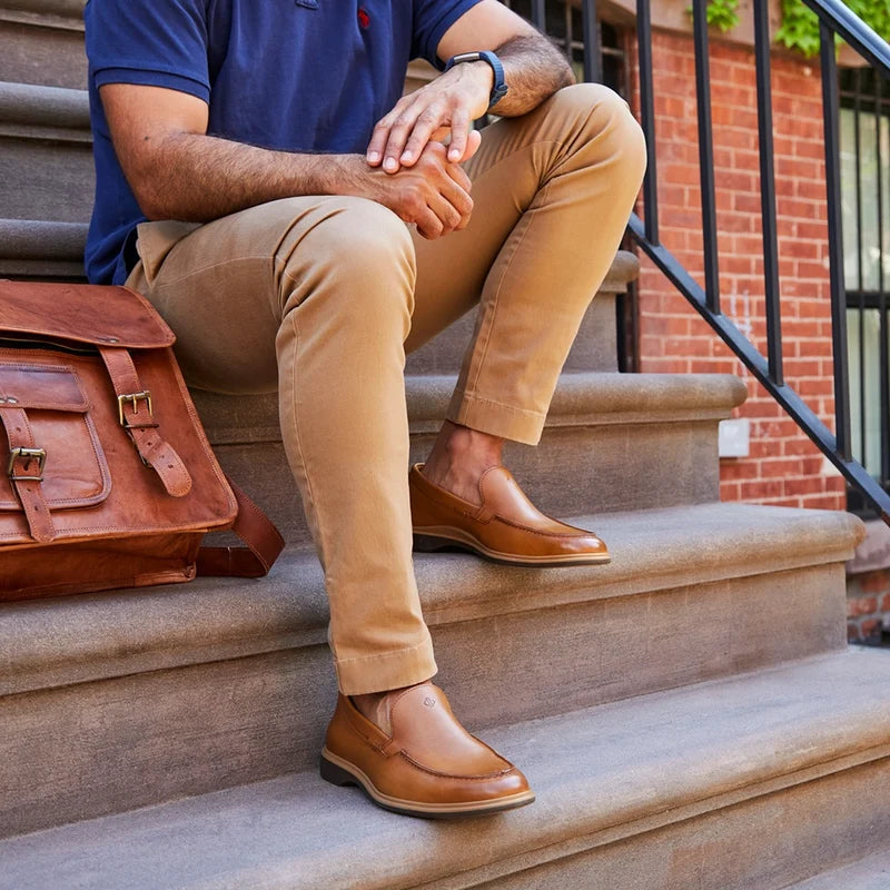 The Loafer by Amberjack in Honey Tan Leather - Worn with khakis and blue polo