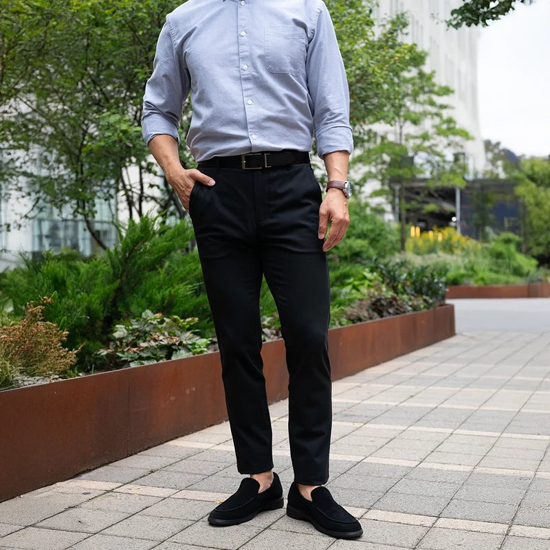 The Loafer by Amberjack in Midnight Black Suede - On Model wearing dress shirt and pants