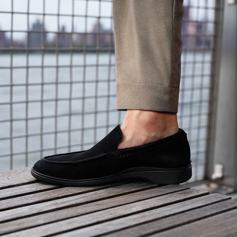 The Loafer by Amberjack in Midnight Black Suede - On Model wearing tan dress pants