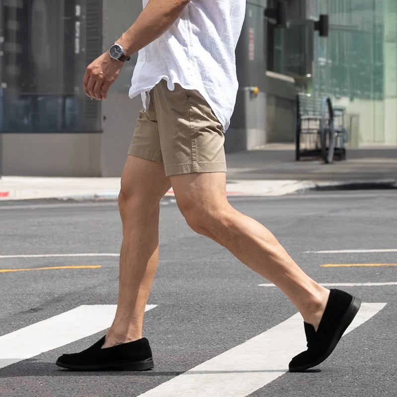 The Loafer by Amberjack in Midnight Black Suede - On Model wearing shorts and button up