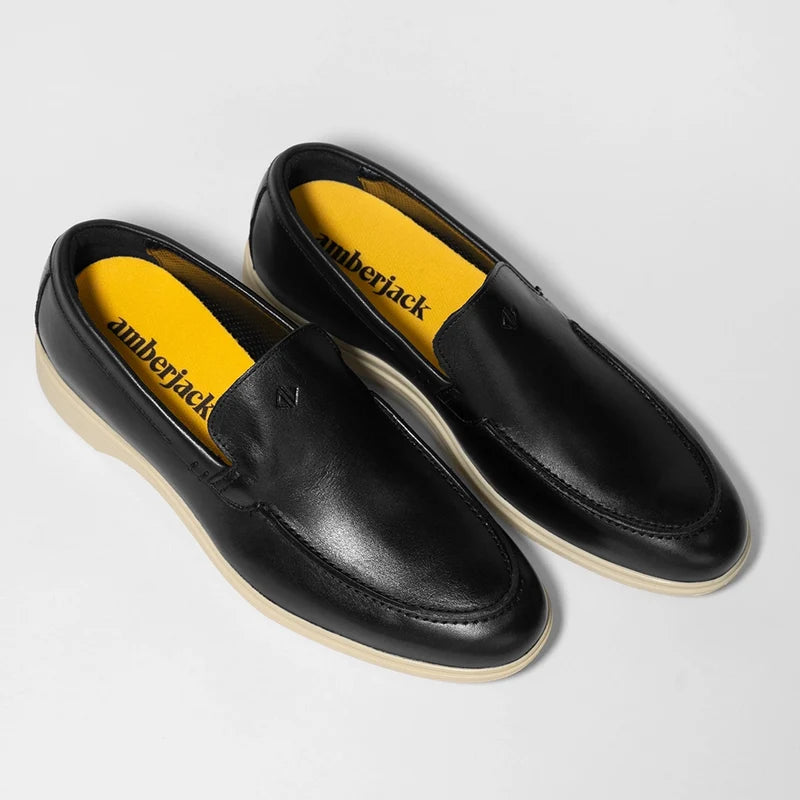 The Loafer by Amberjack in Obsidian & Cream Black Leather - Three Quarter Angle