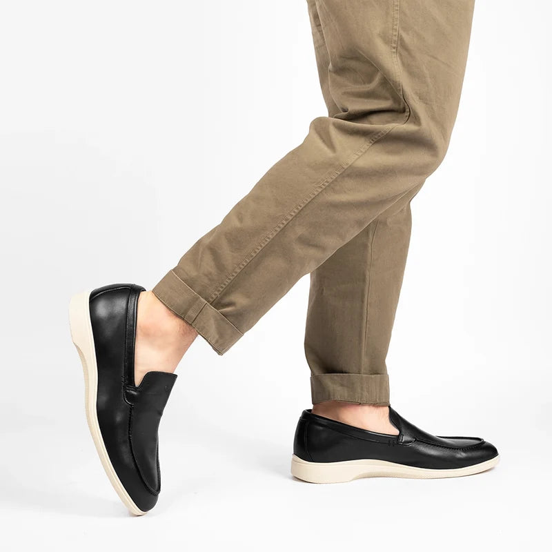 The Loafer by Amberjack in Obsidian & Cream & Cream Black Leather - On model wearing pants